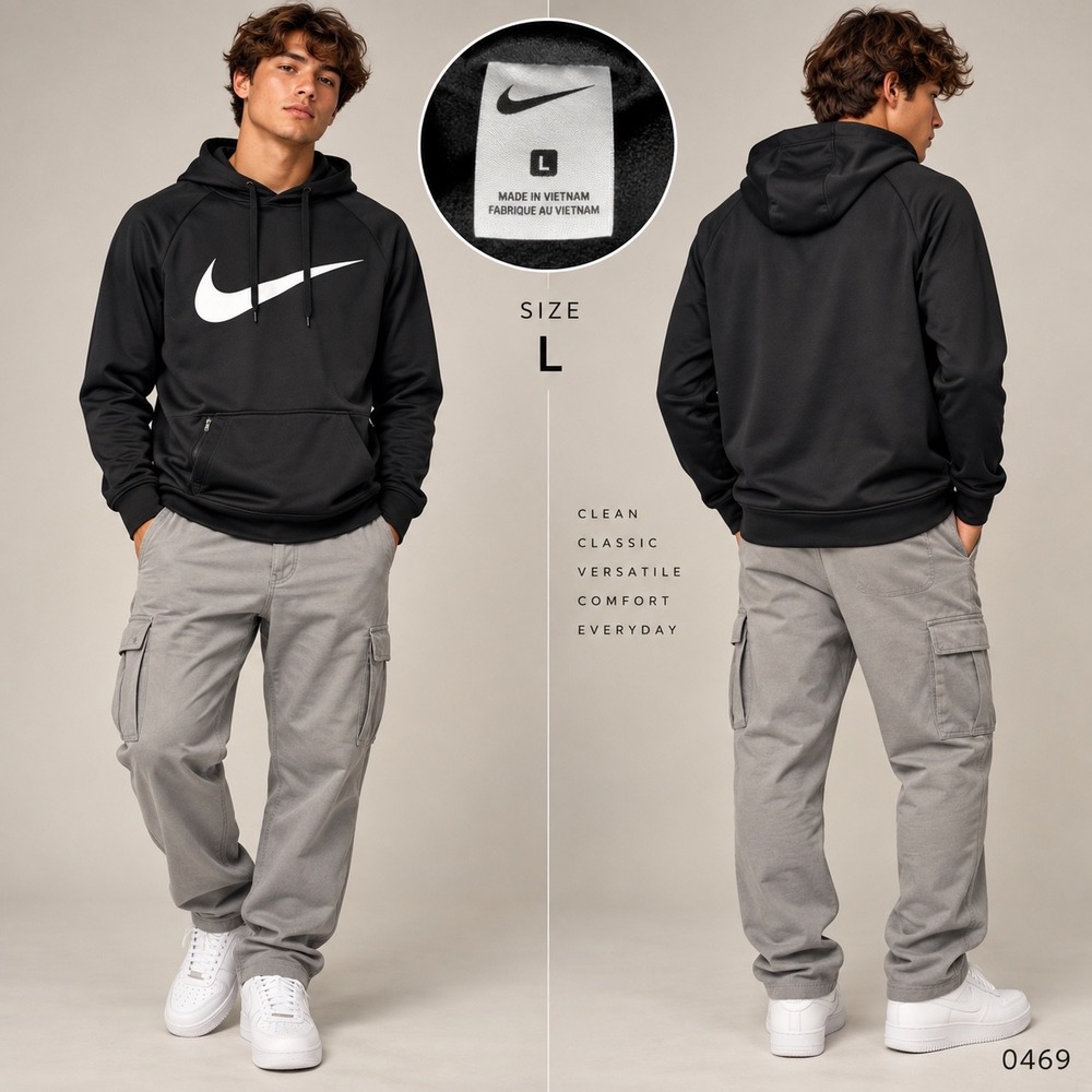 Nike Mens Therma-FIT Swoosh Hoodie Black Fleece Pullover Sweatshirt Large 0469